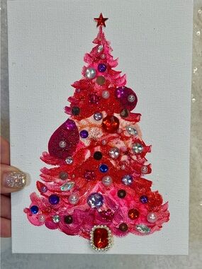 Pink & Red Jeweled Christmas Tree Canvas Art 5x7 inch